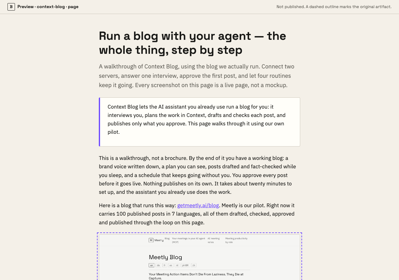 The preview view of a page, with a bar across the top reading Preview and a note that it is not published