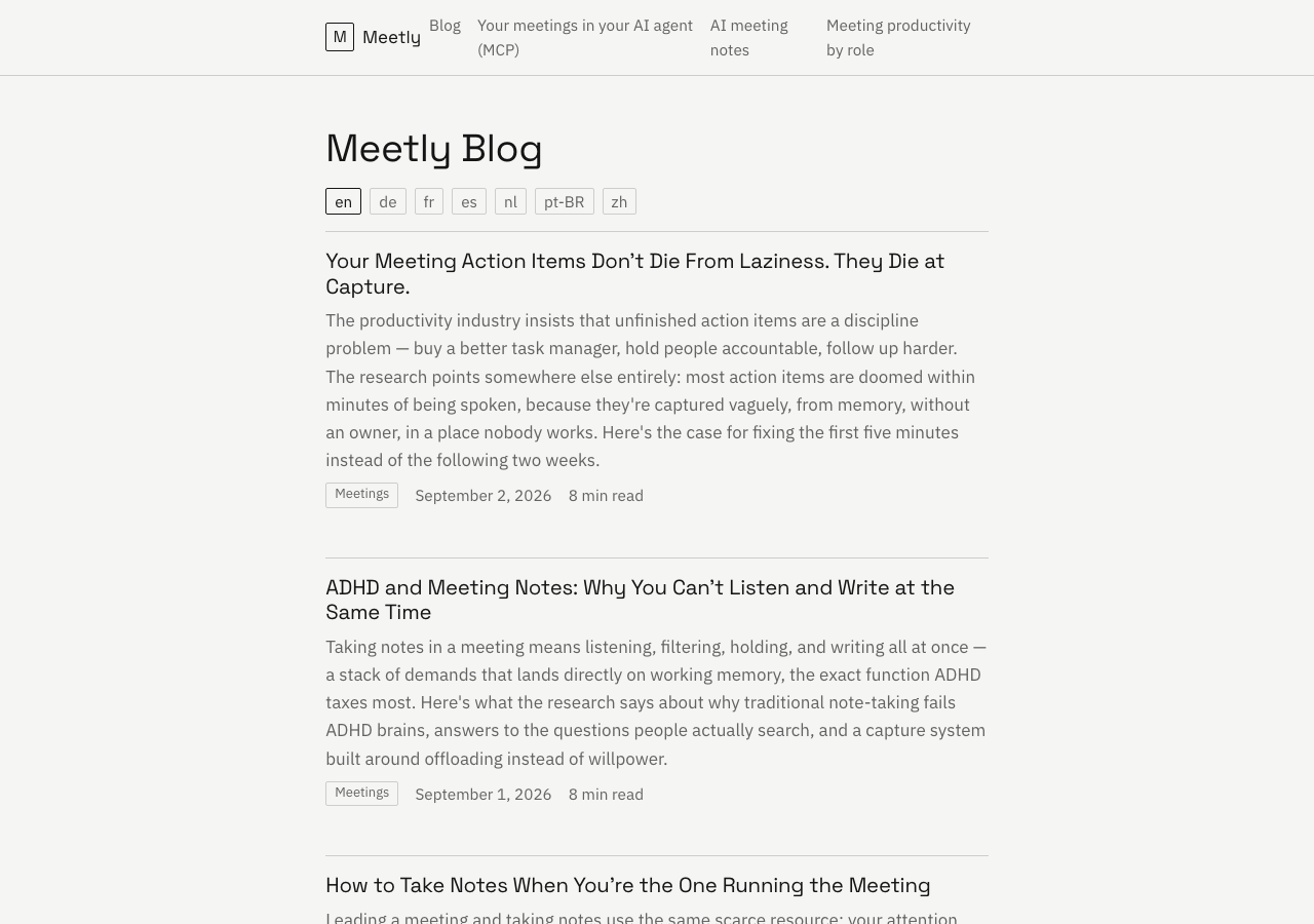 The Meetly blog index at getmeetly.ai/blog, listing recent posts with tabs for seven languages